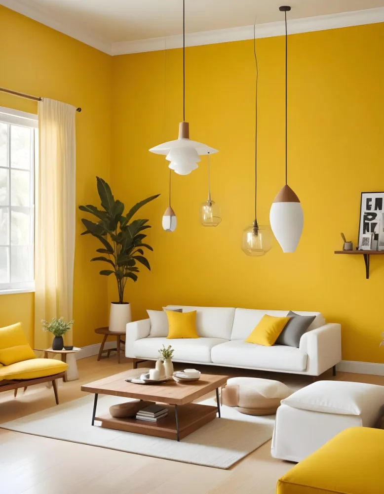 A Modern Living Room With A White Sofa Wooden Coffee Table And Several Hanging Pendant Lights In A Bright Yellow Room 29 E920