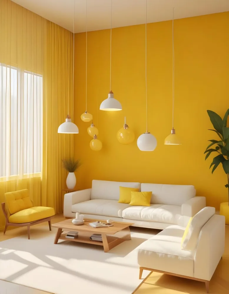 A Modern Living Room With A White Sofa Wooden Coffee Table And Several Hanging Pendant Lights In A Bright Yellow Room 3 07f1