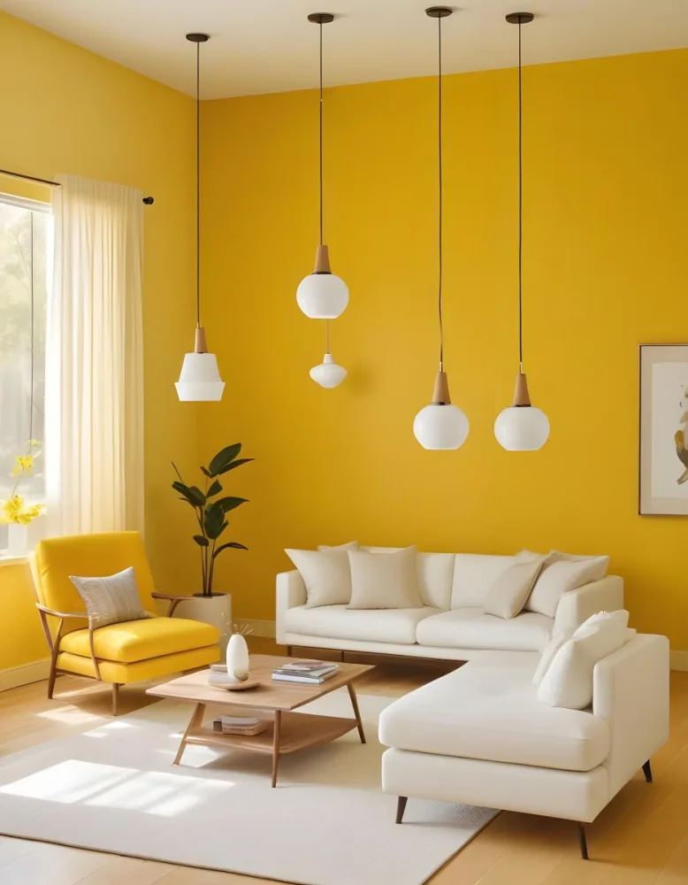 A Modern Living Room With A White Sofa Wooden Coffee Table And Several Hanging Pendant Lights In A Bright Yellow Room 30 B0d7