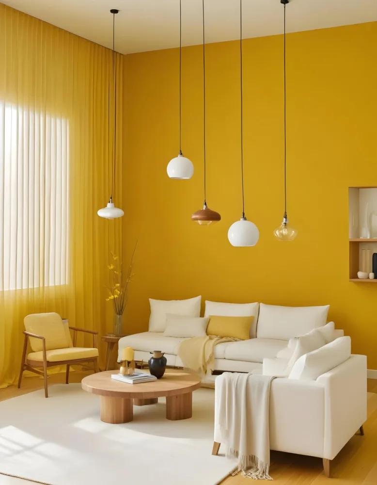 A Modern Living Room With A White Sofa Wooden Coffee Table And Several Hanging Pendant Lights In A Bright Yellow Room 32 4a05