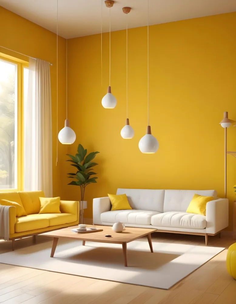 A Modern Living Room With A White Sofa Wooden Coffee Table And Several Hanging Pendant Lights In A Bright Yellow Room 5 6cf1