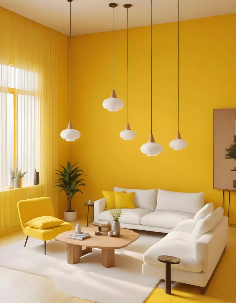 A Modern Living Room With A White Sofa Wooden Coffee Table And Several Hanging Pendant Lights In A Bright Yellow Room 6 5f38