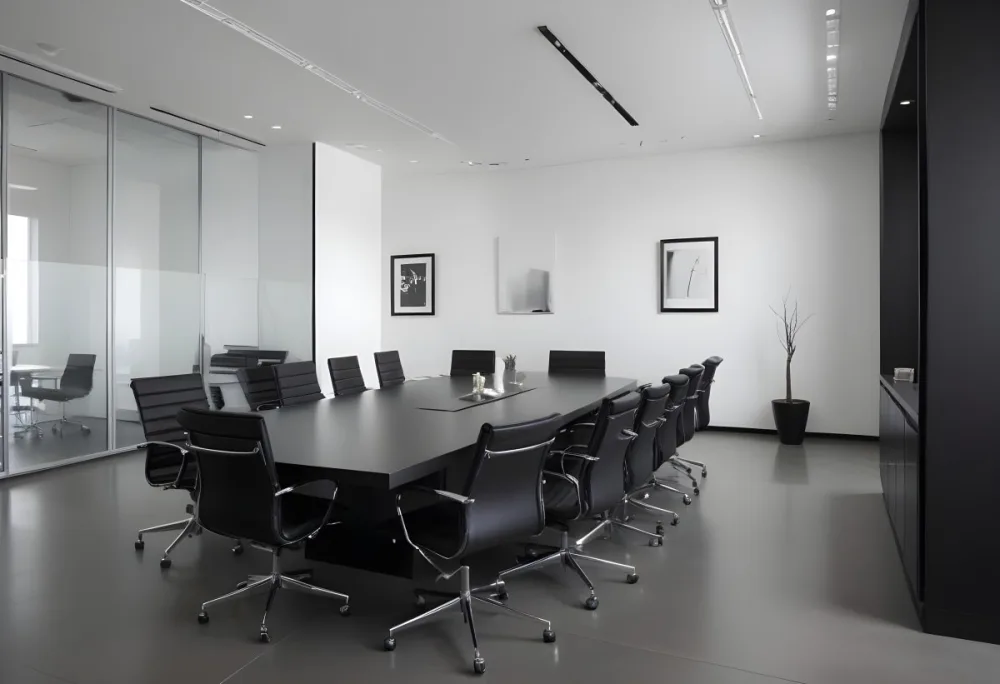 A Modern Minimalist Conference Room With A Large Rectangular Table Surrounded By Black Leather Chairs The Room Has A Sleek Monochrome Design With Recessed Lighting 12 4bb0