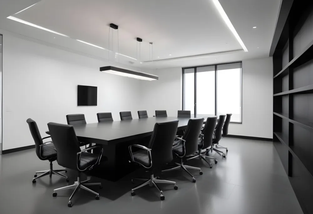 A Modern Minimalist Conference Room With A Large Rectangular Table Surrounded By Black Leather Chairs The Room Has A Sleek Monochrome Design With Recessed Lighting 15 86f2
