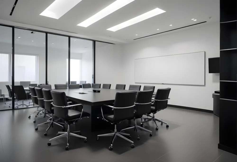 A Modern Minimalist Conference Room With A Large Rectangular Table Surrounded By Black Leather Chairs The Room Has A Sleek Monochrome Design With Recessed Lighting 16 B8fb