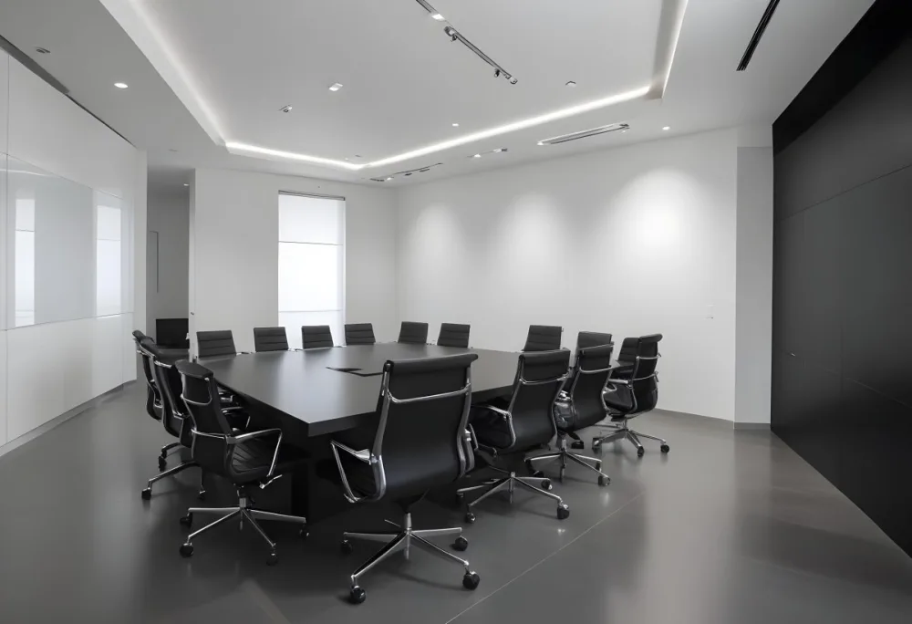 A Modern Minimalist Conference Room With A Large Rectangular Table Surrounded By Black Leather Chairs The Room Has A Sleek Monochrome Design With Recessed Lighting 20 312d