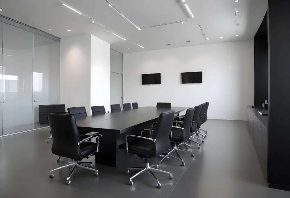 A Modern Minimalist Conference Room With A Large Rectangular Table Surrounded By Black Leather Chairs The Room Has A Sleek Monochrome Design With Recessed Lighting 21 9339