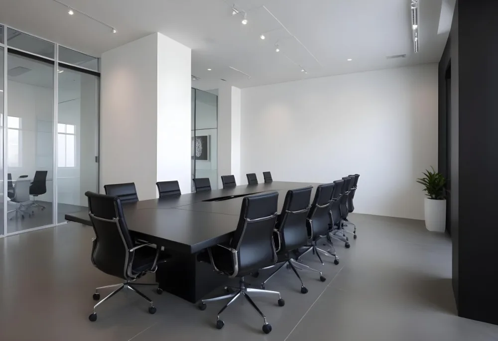 A Modern Minimalist Conference Room With A Large Rectangular Table Surrounded By Black Leather Chairs The Room Has A Sleek Monochrome Design With Recessed Lighting 24 Faa4