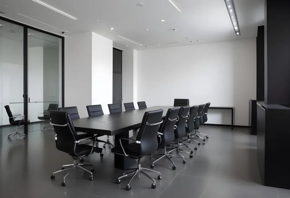 A Modern Minimalist Conference Room With A Large Rectangular Table Surrounded By Black Leather Chairs The Room Has A Sleek Monochrome Design With Recessed Lighting 25 34ed
