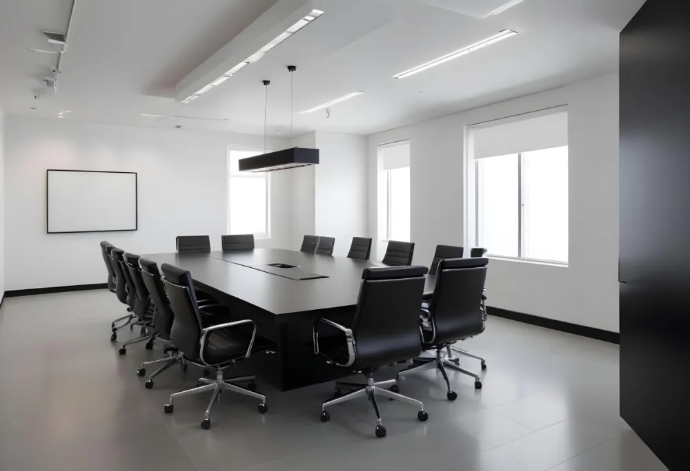 A Modern Minimalist Conference Room With A Large Rectangular Table Surrounded By Black Leather Chairs The Room Has A Sleek Monochrome Design With Recessed Lighting 3 31b7