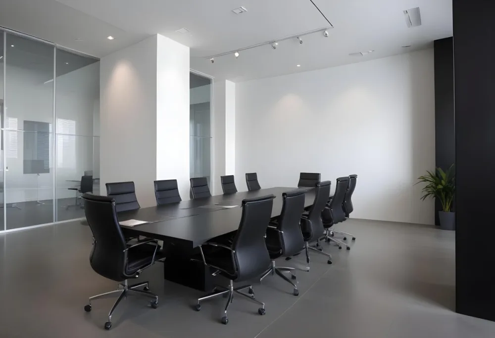 A Modern Minimalist Conference Room With A Large Rectangular Table Surrounded By Black Leather Chairs The Room Has A Sleek Monochrome Design With Recessed Lighting 31 703a