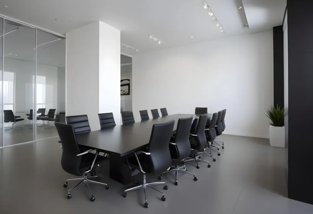 A Modern Minimalist Conference Room With A Large Rectangular Table Surrounded By Black Leather Chairs The Room Has A Sleek Monochrome Design With Recessed Lighting 32 55dd
