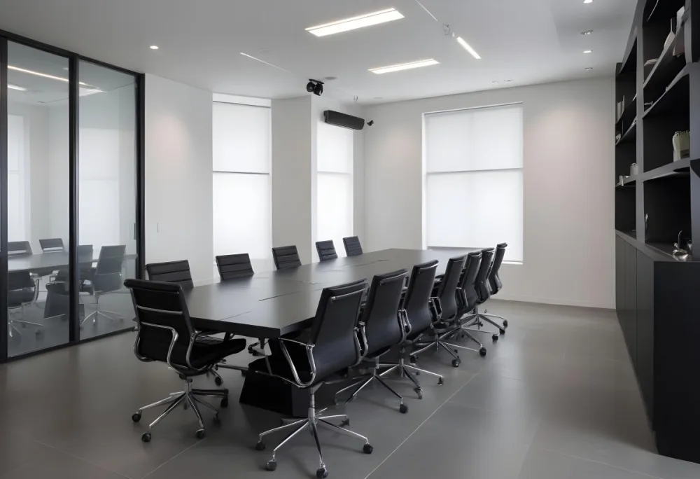 A Modern Minimalist Conference Room With A Large Rectangular Table Surrounded By Black Leather Chairs The Room Has A Sleek Monochrome Design With Recessed Lighting 33 1240