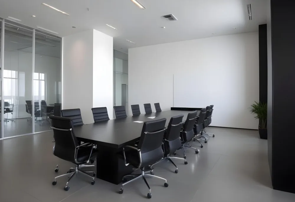 A Modern Minimalist Conference Room With A Large Rectangular Table Surrounded By Black Leather Chairs The Room Has A Sleek Monochrome Design With Recessed Lighting 34 608d