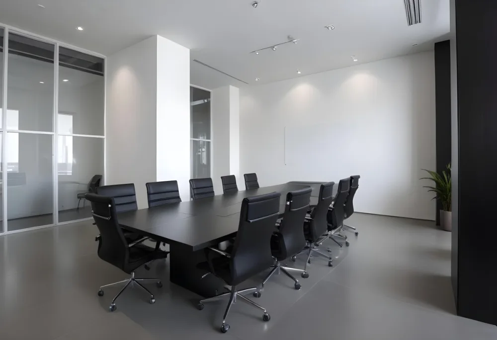 A Modern Minimalist Conference Room With A Large Rectangular Table Surrounded By Black Leather Chairs The Room Has A Sleek Monochrome Design With Recessed Lighting 35 1f70