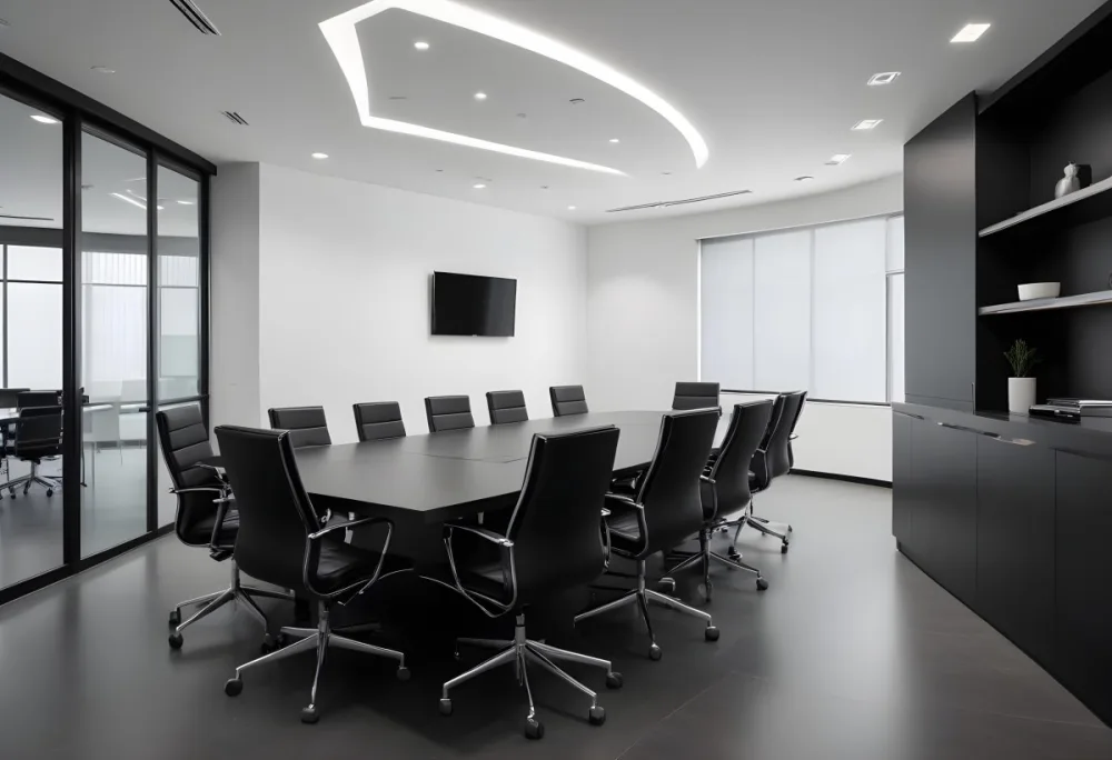 A Modern Minimalist Conference Room With A Large Rectangular Table Surrounded By Black Leather Chairs The Room Has A Sleek Monochrome Design With Recessed Lighting 4 2a3e