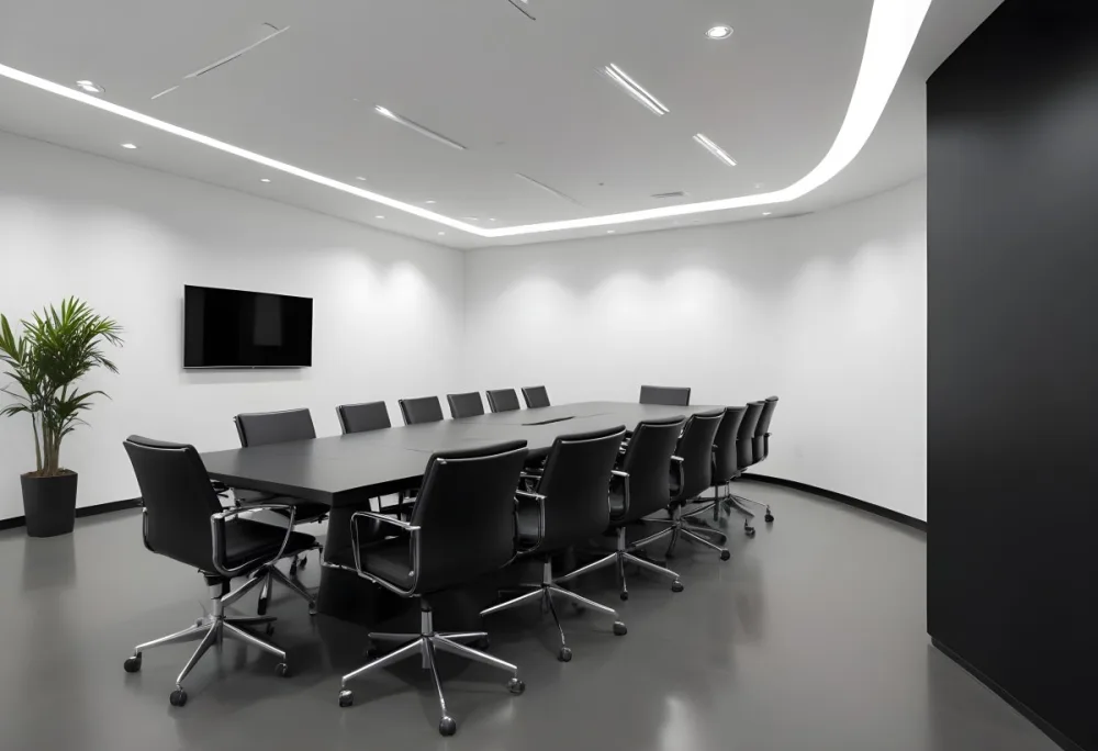 A Modern Minimalist Conference Room With A Large Rectangular Table Surrounded By Black Leather Chairs The Room Has A Sleek Monochrome Design With Recessed Lighting 5 19d3