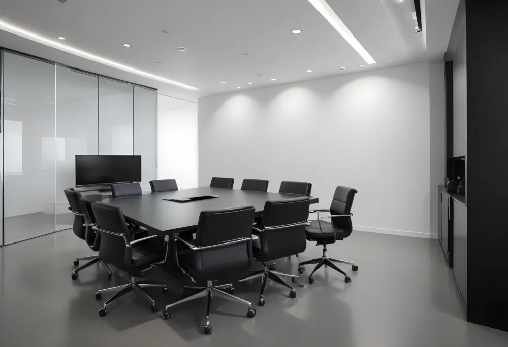 A Modern Minimalist Conference Room With A Large Rectangular Table Surrounded By Black Leather Chairs The Room Has A Sleek Monochrome Design With Recessed Lighting 6 947c