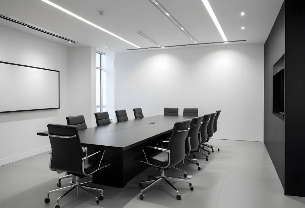 A Modern Minimalist Conference Room With A Large Rectangular Table Surrounded By Black Leather Chairs The Room Has A Sleek Monochrome Design With Recessed Lighting 7 55f7