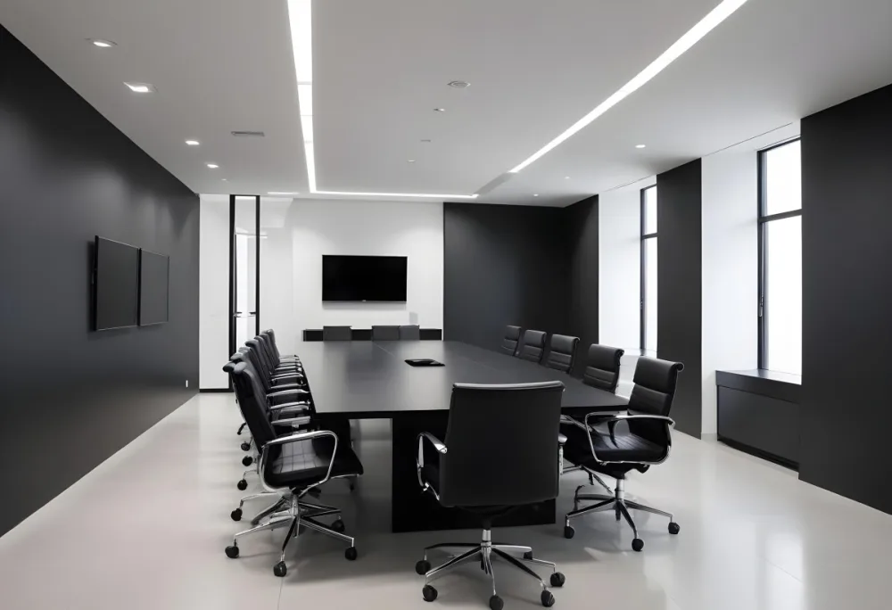 A Modern Minimalist Conference Room With A Large Rectangular Table Surrounded By Black Leather Chairs The Room Has A Sleek Monochrome Design With Recessed Lighting 8 Cad0