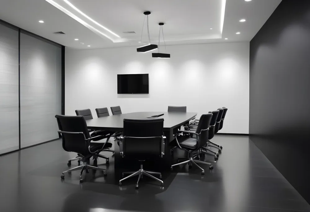 A Modern Minimalist Conference Room With A Large Rectangular Table Surrounded By Black Leather Chairs The Room Has A Sleek Monochrome Design With Recessed Lighting 9 E38e