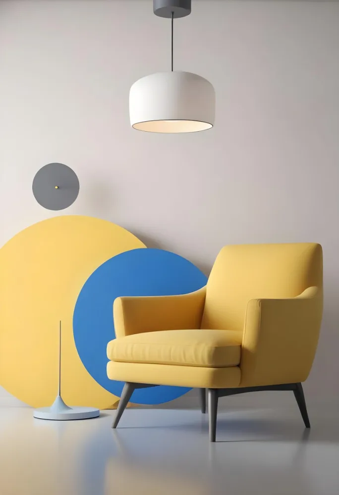 A Modern Minimalist Living Room With A Yellow Armchair A Blue Circular Side Table And A Gray Lamp Hanging From The Ceiling Against A Light Colored Wall 1 851e