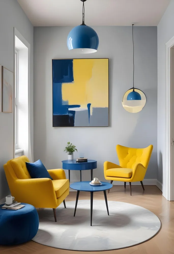 A Modern Minimalist Living Room With A Yellow Armchair A Blue Circular Side Table And A Gray Lamp Hanging From The Ceiling Against A Light Colored Wall 13 8535