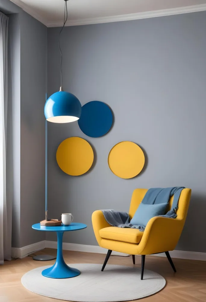 A Modern Minimalist Living Room With A Yellow Armchair A Blue Circular Side Table And A Gray Lamp Hanging From The Ceiling Against A Light Colored Wall 17 5c1b