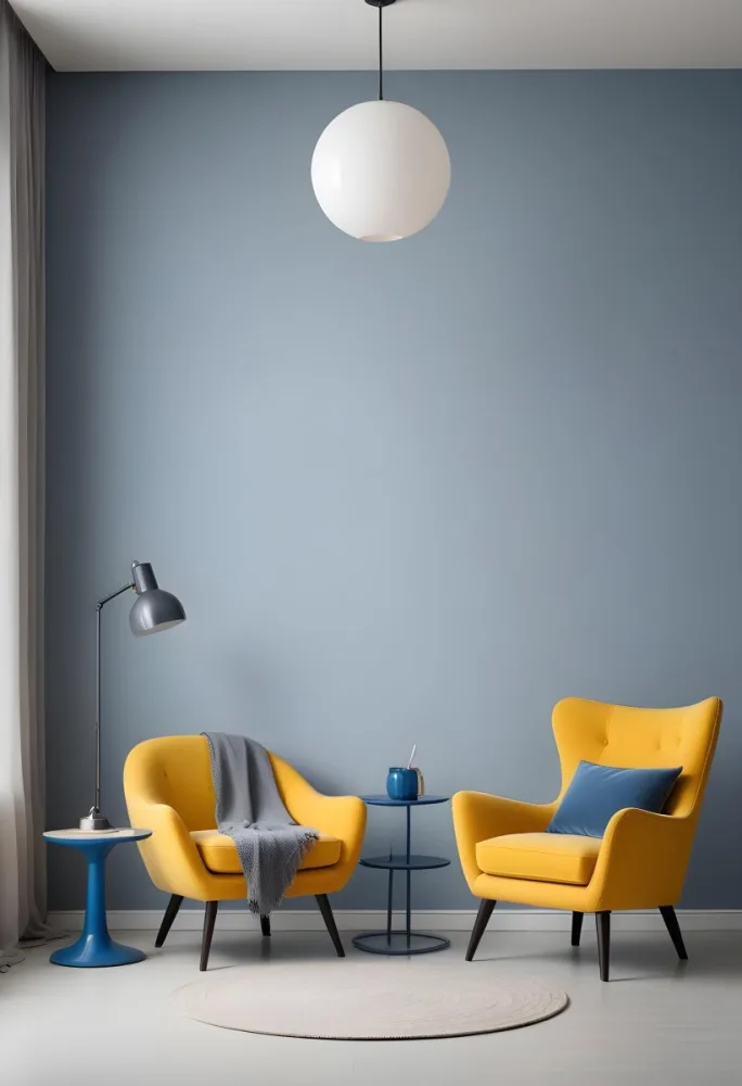 A Modern Minimalist Living Room With A Yellow Armchair A Blue Circular Side Table And A Gray Lamp Hanging From The Ceiling Against A Light Colored Wall 19 7ce8