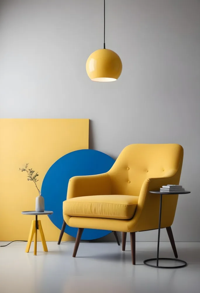 A Modern Minimalist Living Room With A Yellow Armchair A Blue Circular Side Table And A Gray Lamp Hanging From The Ceiling Against A Light Colored Wall 26 C41d