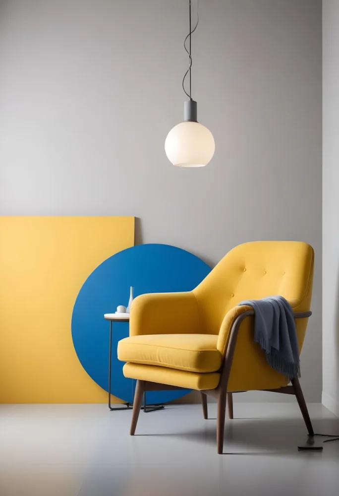 A Modern Minimalist Living Room With A Yellow Armchair A Blue Circular Side Table And A Gray Lamp Hanging From The Ceiling Against A Light Colored Wall 28 Ba31