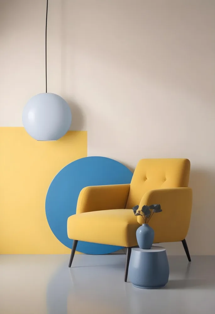 A Modern Minimalist Living Room With A Yellow Armchair A Blue Circular Side Table And A Gray Lamp Hanging From The Ceiling Against A Light Colored Wall 34 36d6