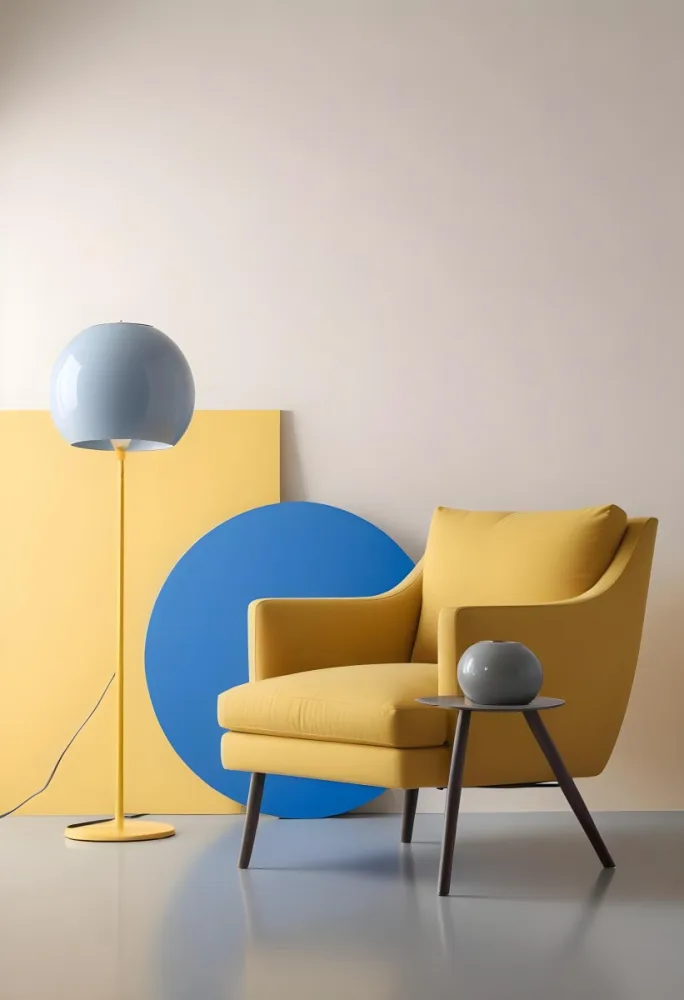 A Modern Minimalist Living Room With A Yellow Armchair A Blue Circular Side Table And A Gray Lamp Hanging From The Ceiling Against A Light Colored Wall 37 56fc
