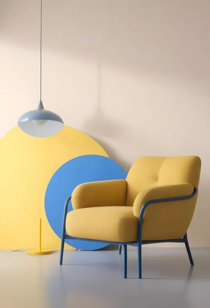 A Modern Minimalist Living Room With A Yellow Armchair A Blue Circular Side Table And A Gray Lamp Hanging From The Ceiling Against A Light Colored Wall 38 B89c