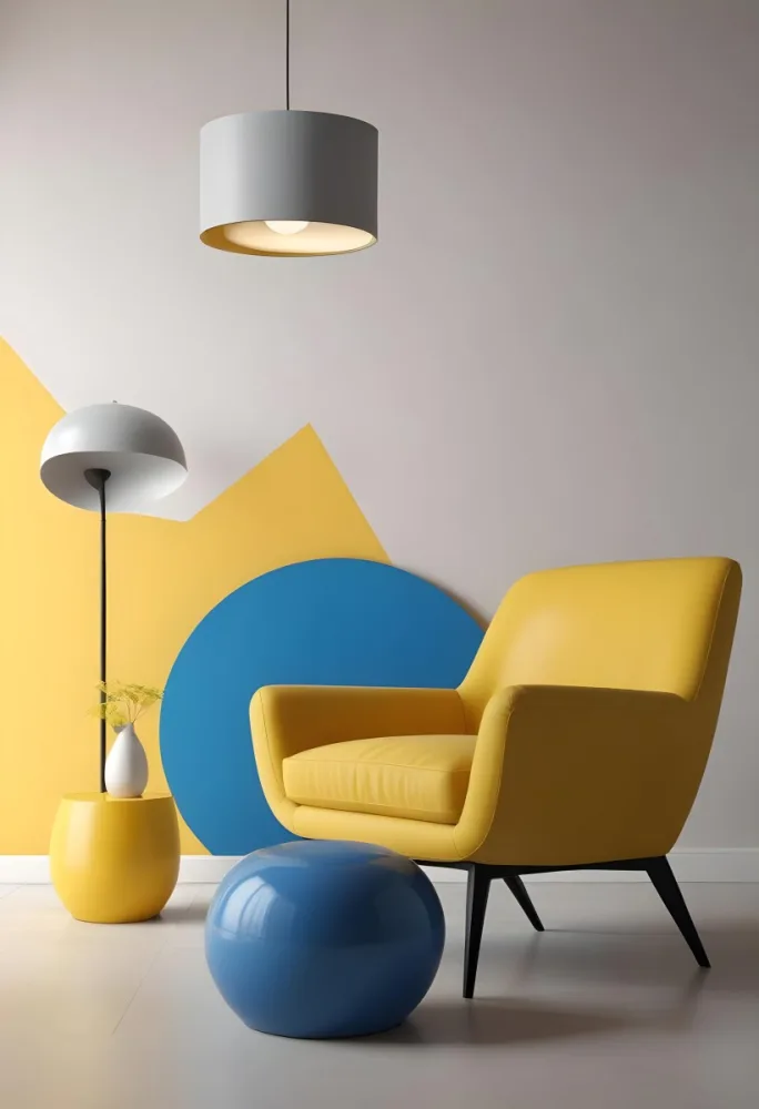 A Modern Minimalist Living Room With A Yellow Armchair A Blue Circular Side Table And A Gray Lamp Hanging From The Ceiling Against A Light Colored Wall 4 1147