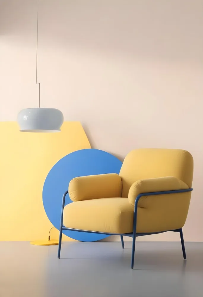 A Modern Minimalist Living Room With A Yellow Armchair A Blue Circular Side Table And A Gray Lamp Hanging From The Ceiling Against A Light Colored Wall 40 0222
