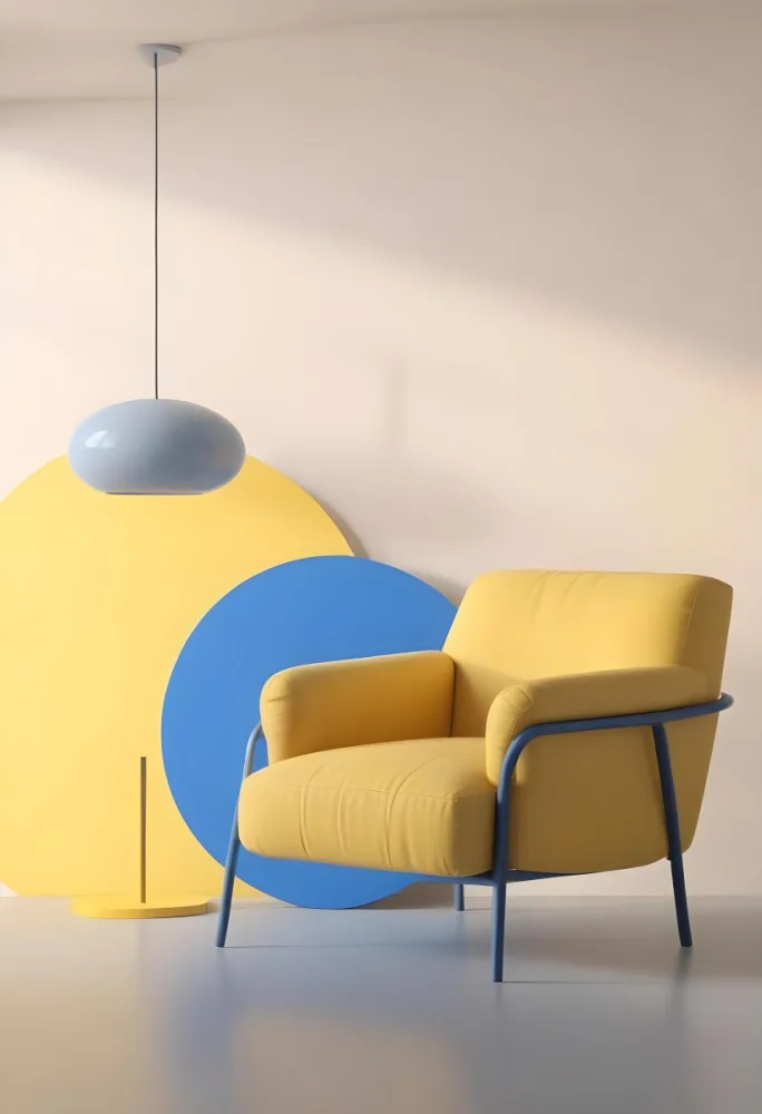 A Modern Minimalist Living Room With A Yellow Armchair A Blue Circular Side Table And A Gray Lamp Hanging From The Ceiling Against A Light Colored Wall 5 52a2