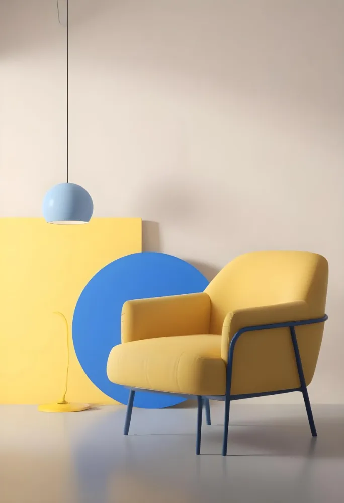 A Modern Minimalist Living Room With A Yellow Armchair A Blue Circular Side Table And A Gray Lamp Hanging From The Ceiling Against A Light Colored Wall 6 5157