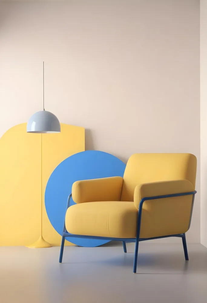 A Modern Minimalist Living Room With A Yellow Armchair A Blue Circular Side Table And A Gray Lamp Hanging From The Ceiling Against A Light Colored Wall 7 D5bf