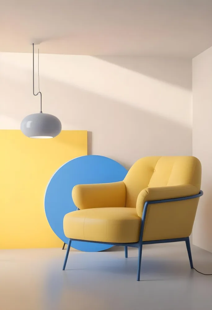 A Modern Minimalist Living Room With A Yellow Armchair A Blue Circular Side Table And A Gray Lamp Hanging From The Ceiling Against A Light Colored Wall 8 Daaf