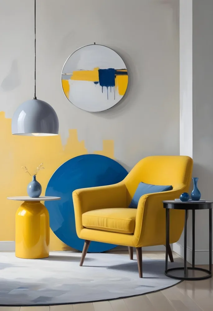 A Modern Minimalist Living Room With A Yellow Armchair A Blue Circular Side Table And A Gray Lamp Hanging From The Ceiling Against A Light Colored Wall 9 5050