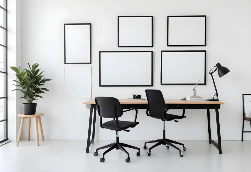 A Modern Minimalist Office Space With A Wooden Desk A Black Office Chair And Empty Picture Frames On The Wall 4 27fc