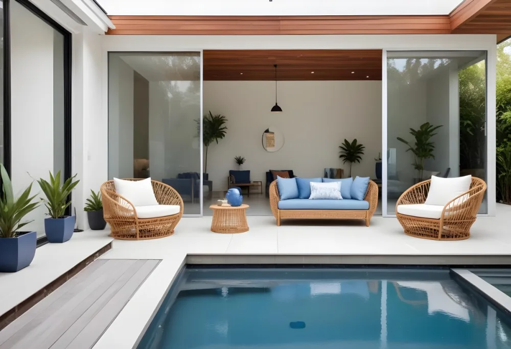 A Modern Minimalist Outdoor Living Space With White Sofas And Wooden Furniture The Space Features Large Glass Sliding Doors That Open Up To A Patio Or Backyard Area Allowing For An Indoor Outdoor F 1 4731
