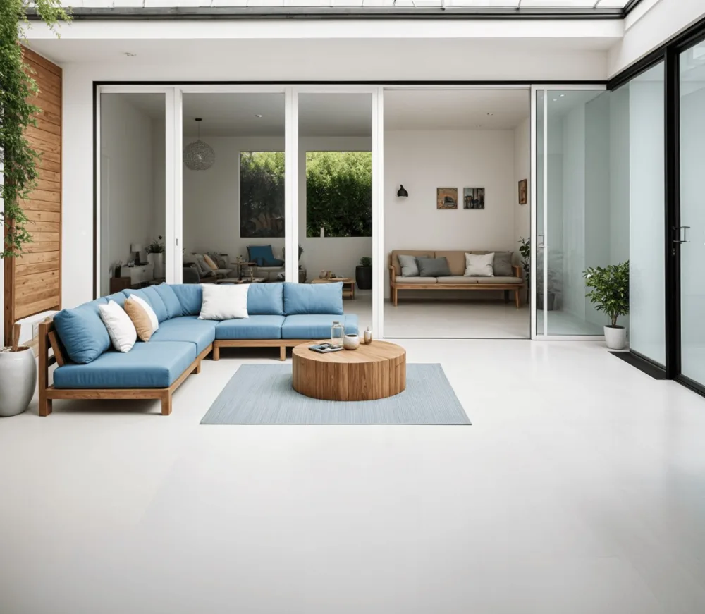 A Modern Minimalist Outdoor Living Space With White Sofas And Wooden Furniture The Space Features Large Glass Sliding Doors That Open Up To A Patio Or Backyard Area Allowing For An Indoor Outdoor F 1 83e2