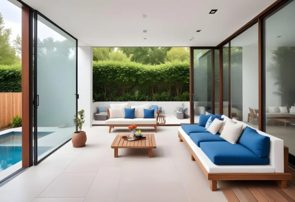 A Modern Minimalist Outdoor Living Space With White Sofas And Wooden Furniture The Space Features Large Glass Sliding Doors That Open Up To A Patio Or Backyard Area Allowing For An Indoor Outdoor F 10 Acb7