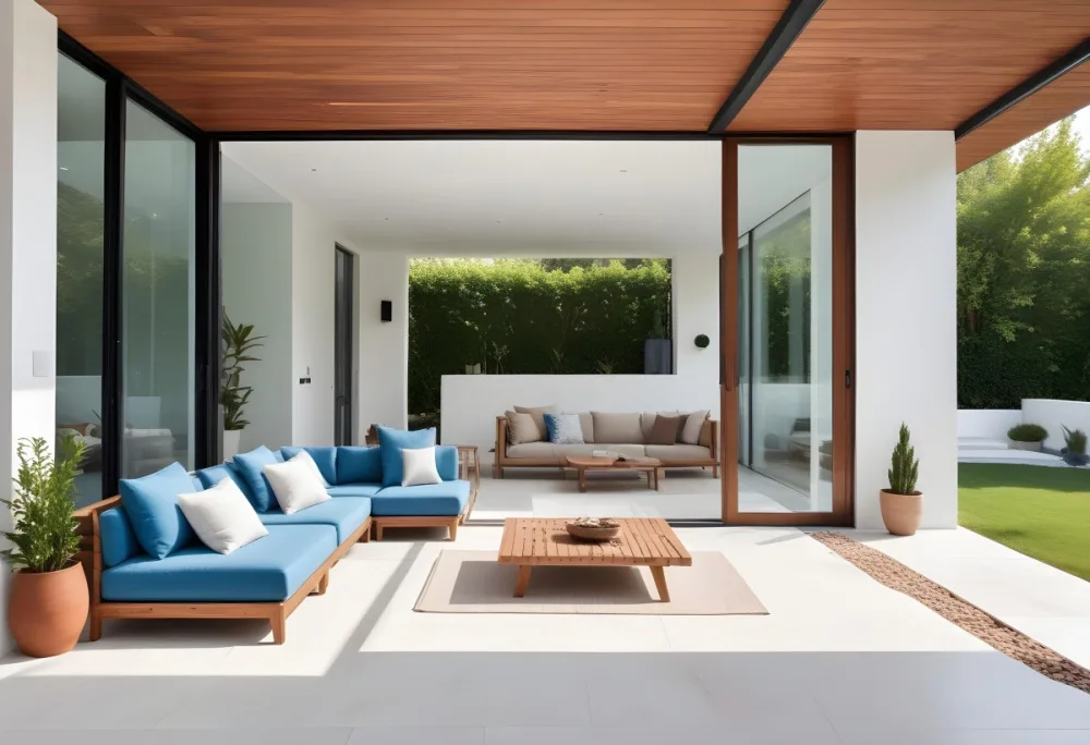 A Modern Minimalist Outdoor Living Space With White Sofas And Wooden Furniture The Space Features Large Glass Sliding Doors That Open Up To A Patio Or Backyard Area Allowing For An Indoor Outdoor F 11 603b