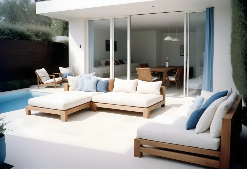 A Modern Minimalist Outdoor Living Space With White Sofas And Wooden Furniture The Space Features Large Glass Sliding Doors That Open Up To A Patio Or Backyard Area Allowing For An Indoor Outdoor F 12 4efe