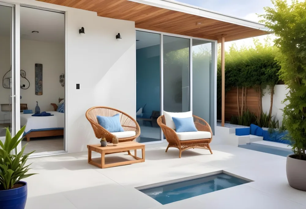 A Modern Minimalist Outdoor Living Space With White Sofas And Wooden Furniture The Space Features Large Glass Sliding Doors That Open Up To A Patio Or Backyard Area Allowing For An Indoor Outdoor F 13 6137