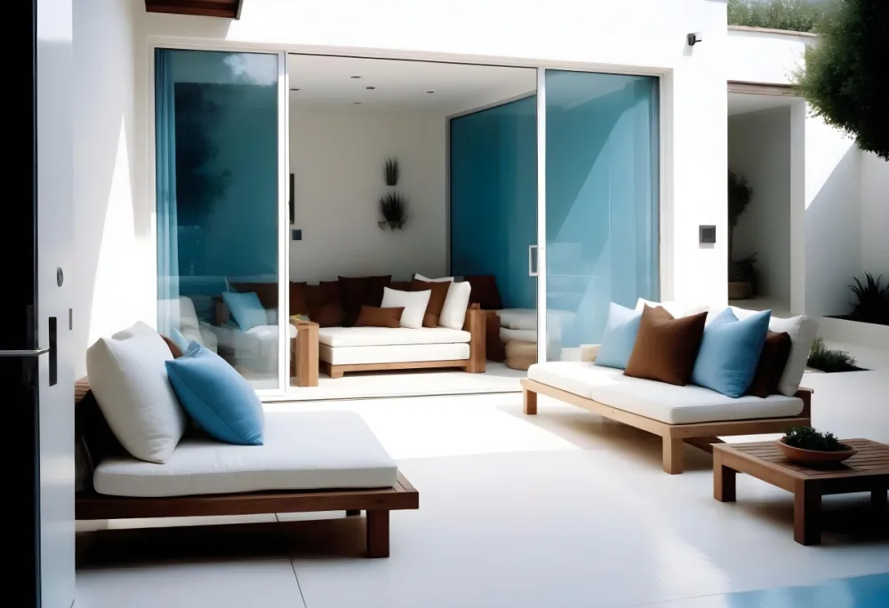 A Modern Minimalist Outdoor Living Space With White Sofas And Wooden Furniture The Space Features Large Glass Sliding Doors That Open Up To A Patio Or Backyard Area Allowing For An Indoor Outdoor F 3 1f35