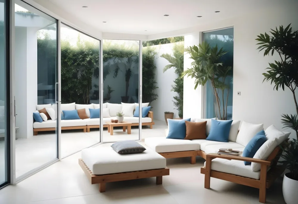 A Modern Minimalist Outdoor Living Space With White Sofas And Wooden Furniture The Space Features Large Glass Sliding Doors That Open Up To A Patio Or Backyard Area Allowing For An Indoor Outdoor F 5 5126